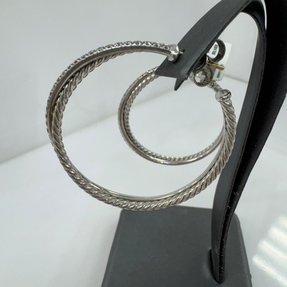 David Yurman Sterling Silver & Diamond Cable Classic Hoop Earrings - Picture 5 of 8